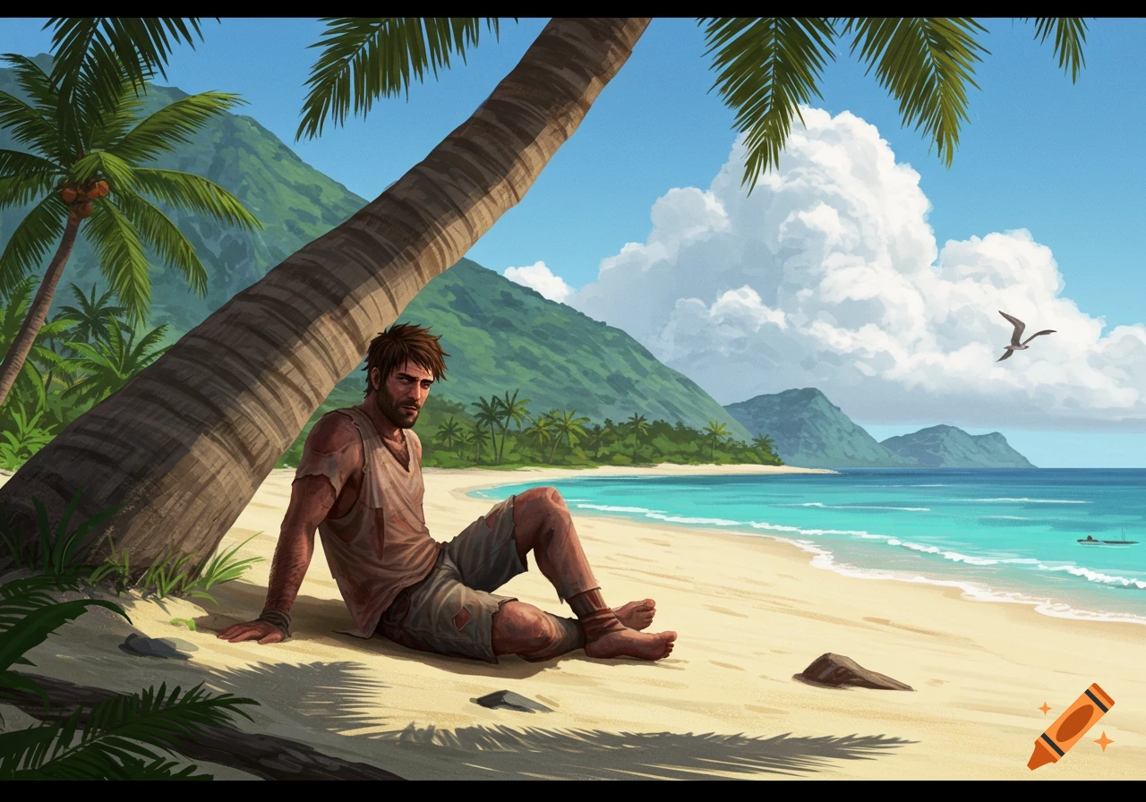 Illustration of a man sitting on a beach under a palm tree on a tropical island.