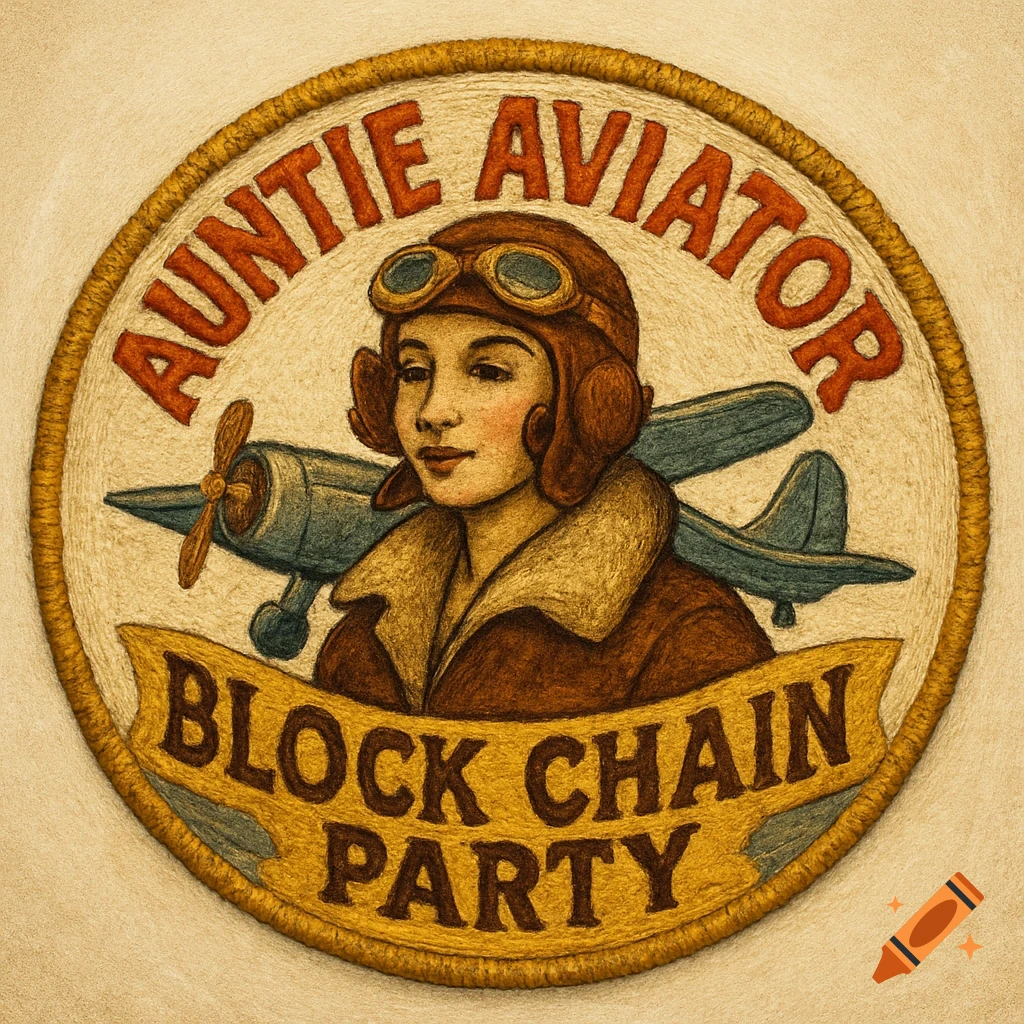 A retro embroidered patch featuring a woman aviator with goggles and leather helmet, an airplane, and the text 'Auntie Aviator - Block Chain Party'.