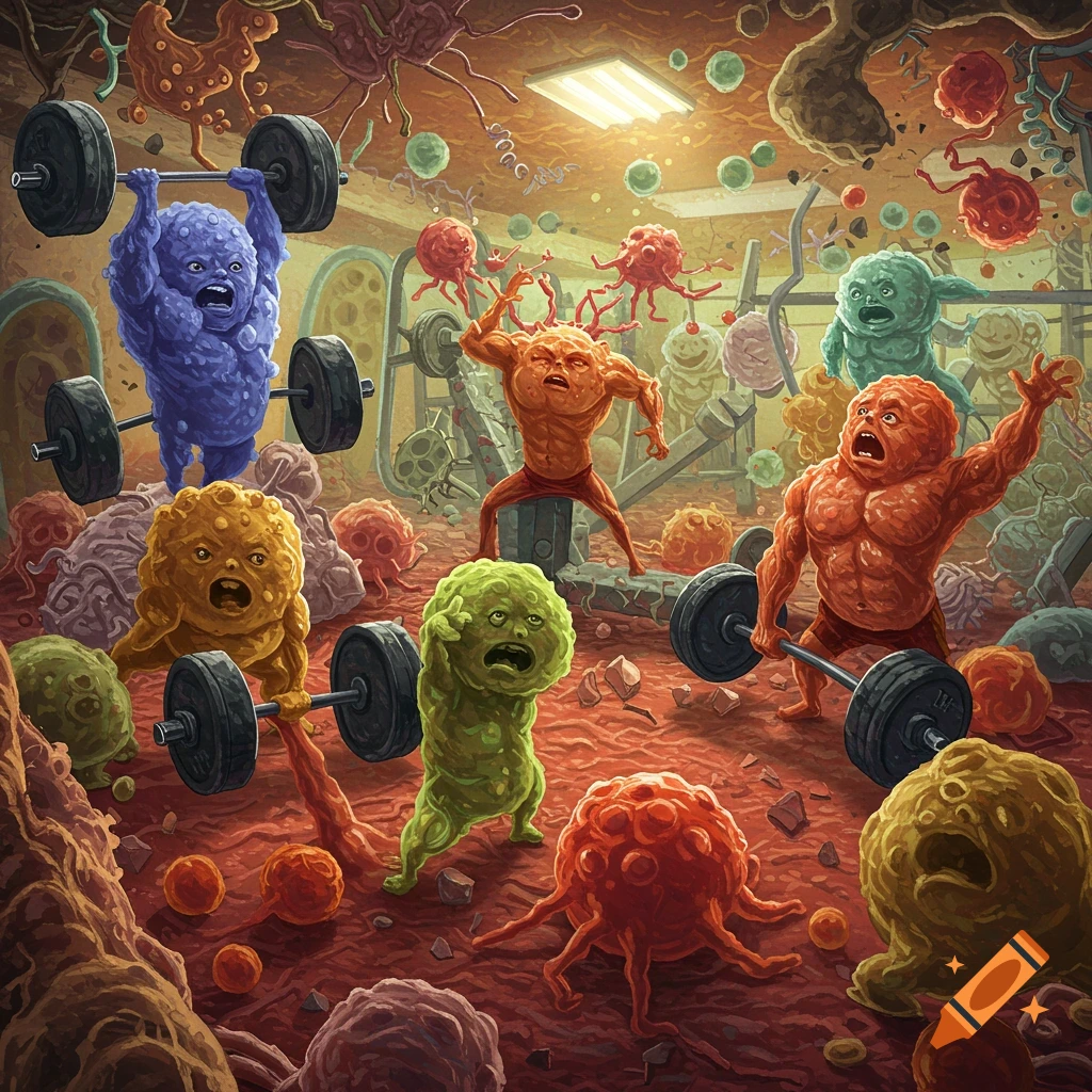 Stylized cells work out with weights in a gym environment.