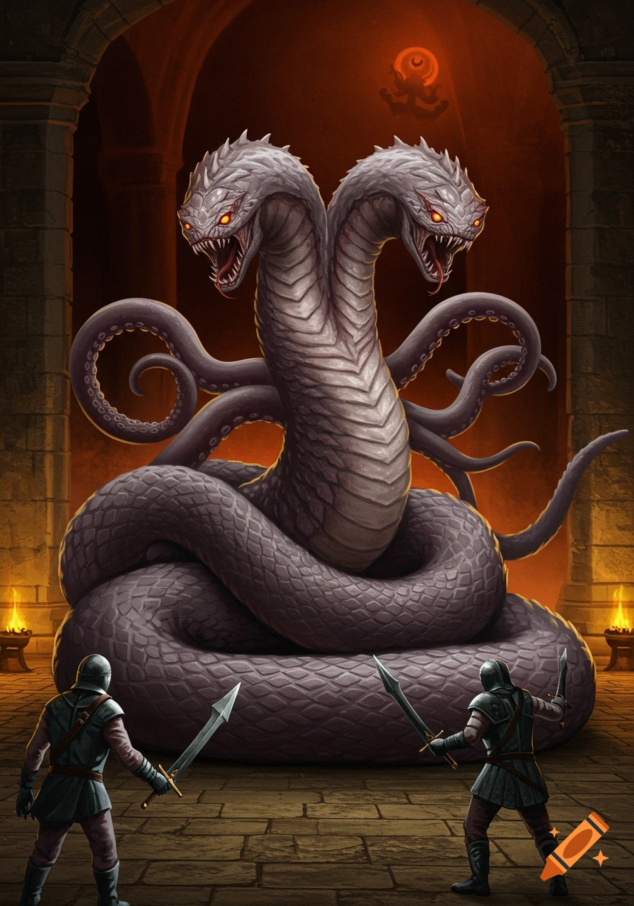 Two knights face a giant two-headed snake creature with tentacles in a dungeon.