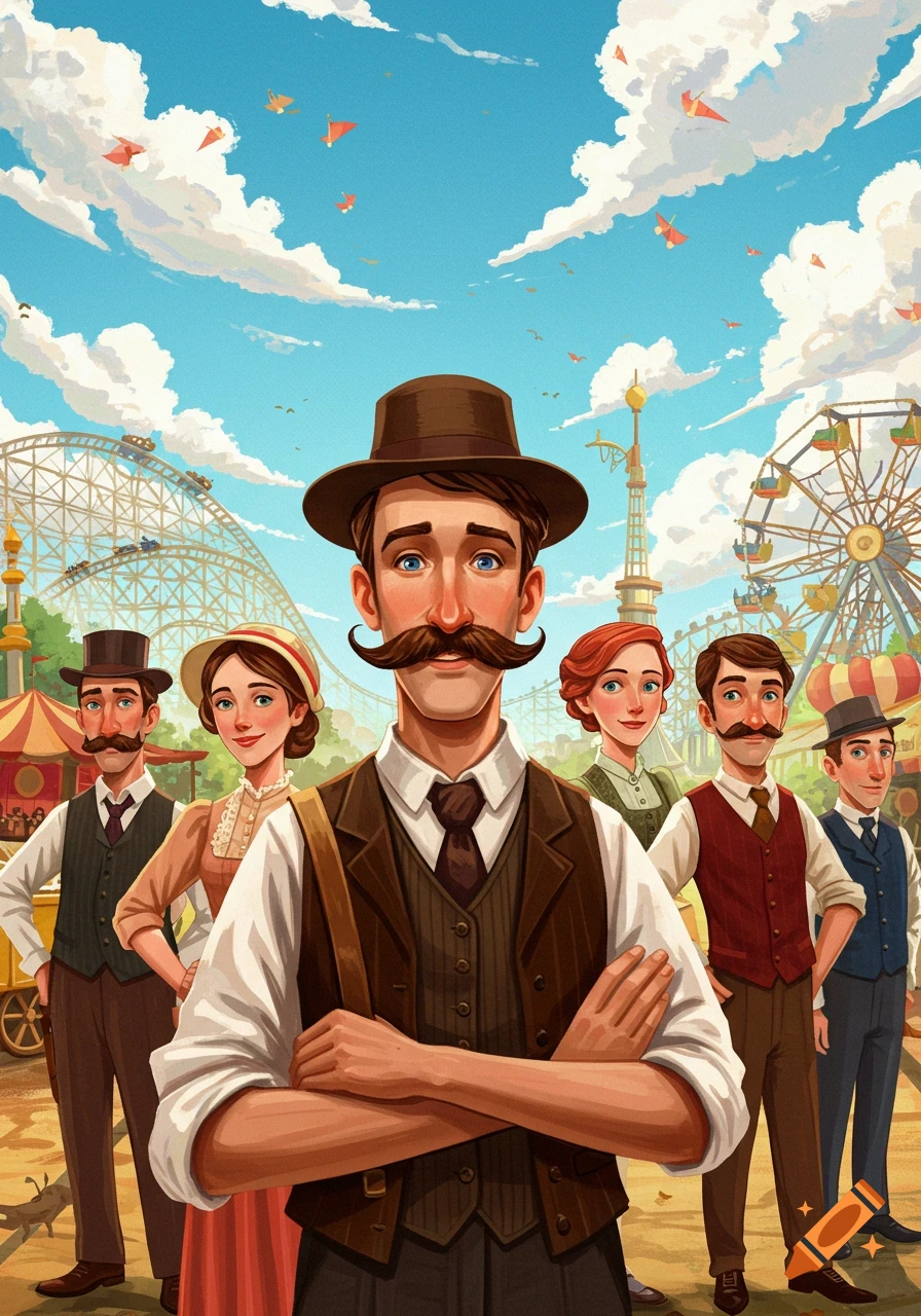 People in vintage clothing at a theme park with a rollercoaster and Ferris wheel, illustration