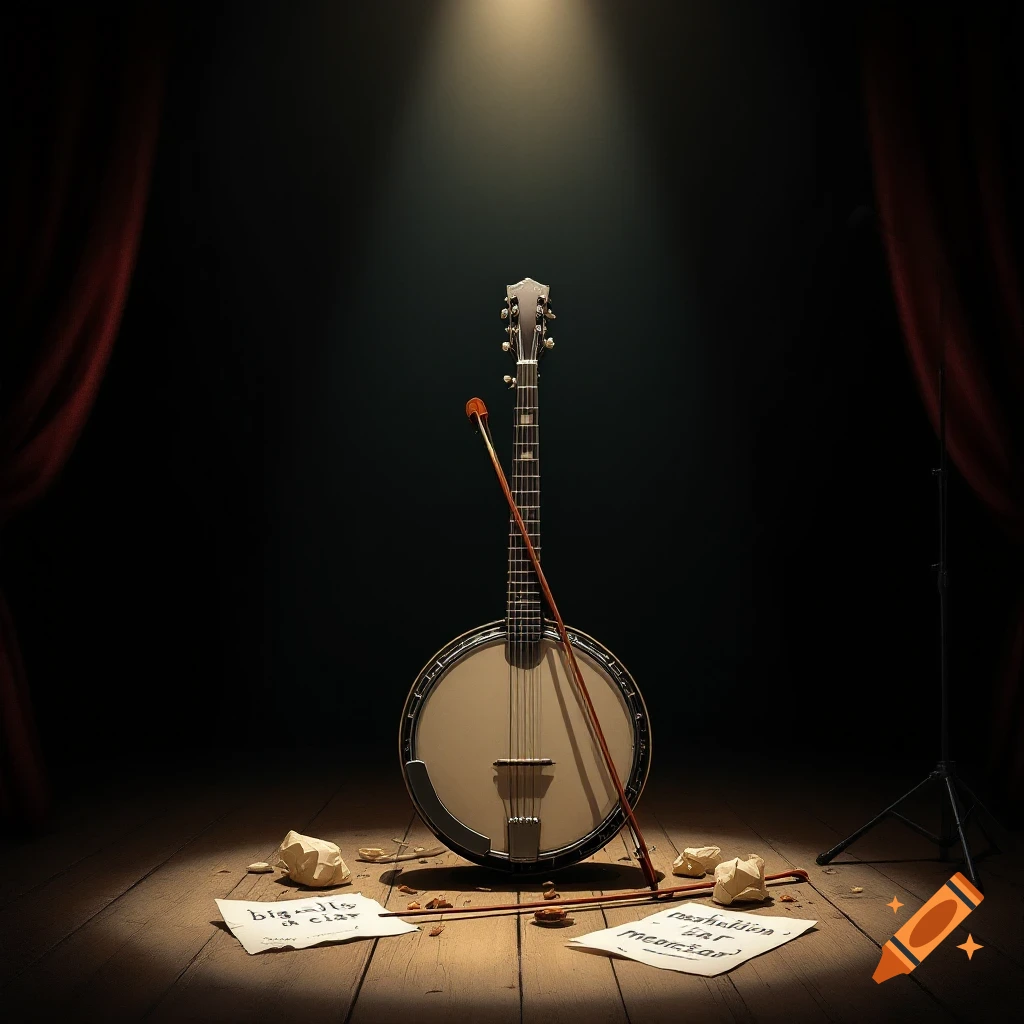A banjo stands on a wooden stage under a spotlight, surrounded by scattered sheet music and a violin bow.