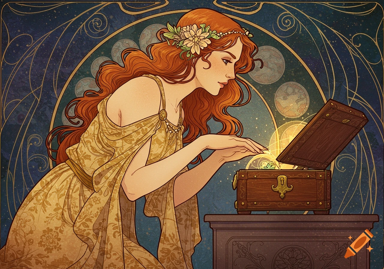 A woman in Art Nouveau style opens a glowing box
