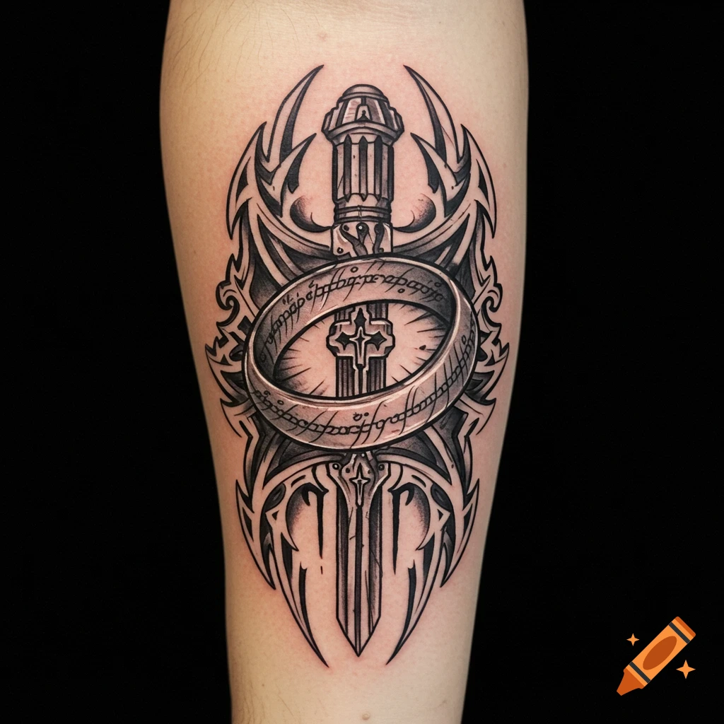 Black and grey tattoo of a sword and the One Ring with runes on a forearm.