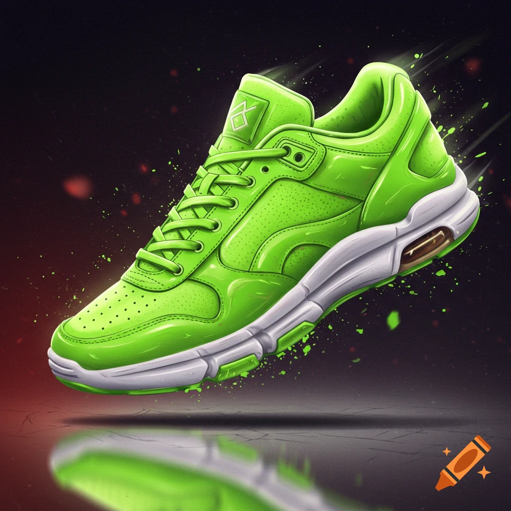 A vibrant green sneaker with white and grey accents floats above a reflective surface, surrounded by green splatter effects.