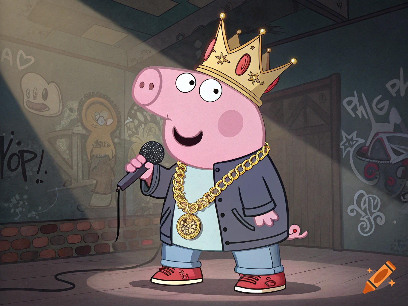 Cartoon Peppa Pig rapper wearing crown, gold chain, jacket, performing on stage with graffiti.