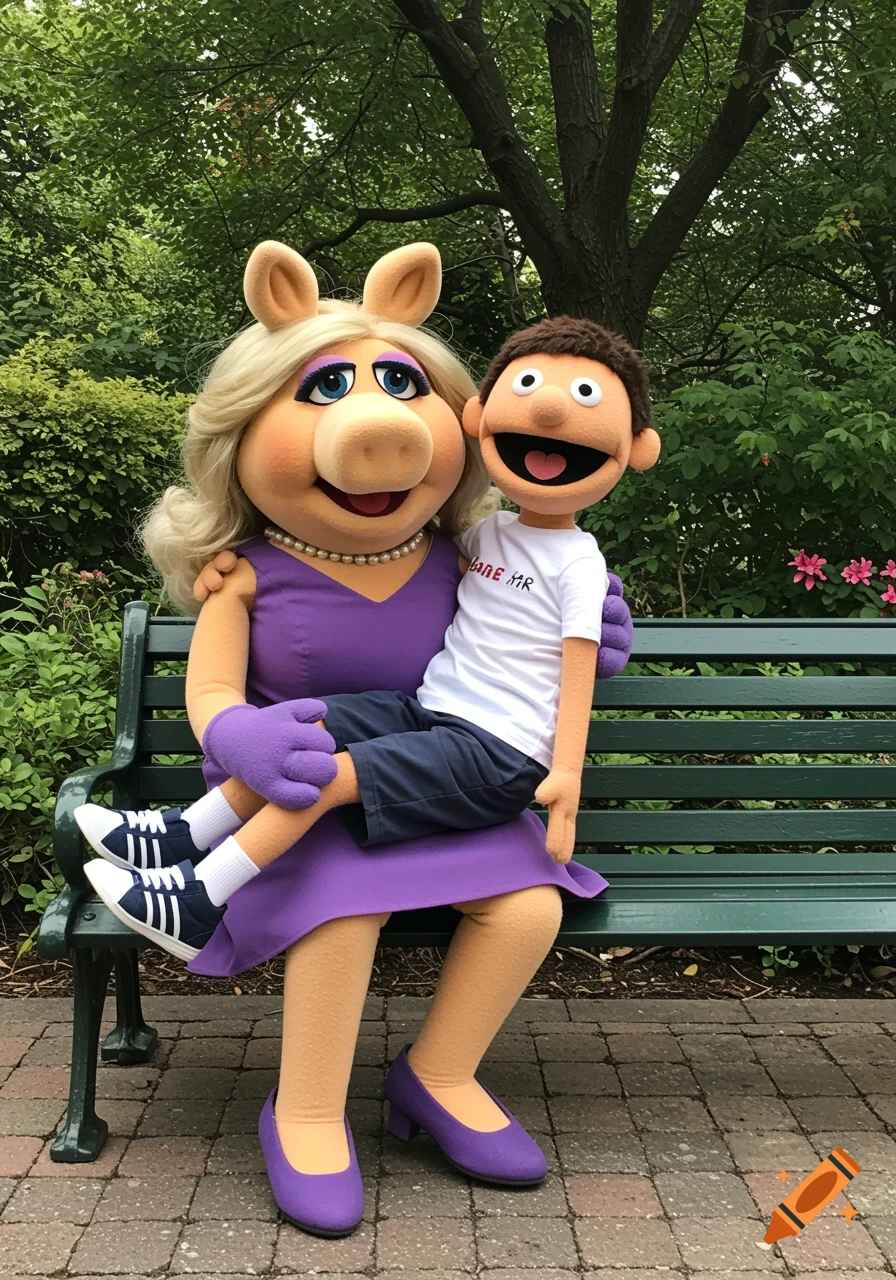 Miss Piggy sits on a park bench holding a boy puppet on her lap. Photo.