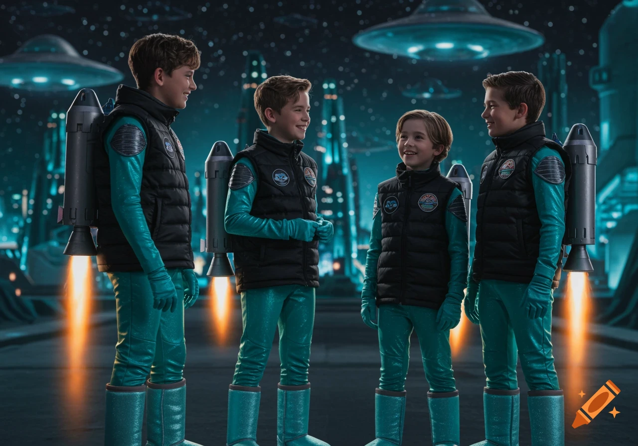 Four young boys in shiny spacesuits with jetpacks stand in a futuristic city with flying saucers overhead. Photorealistic style.