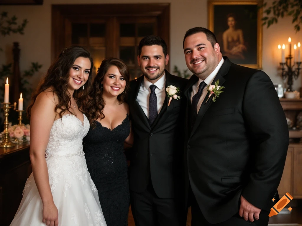 Four people dressed formally pose for a group photo at a formal event.