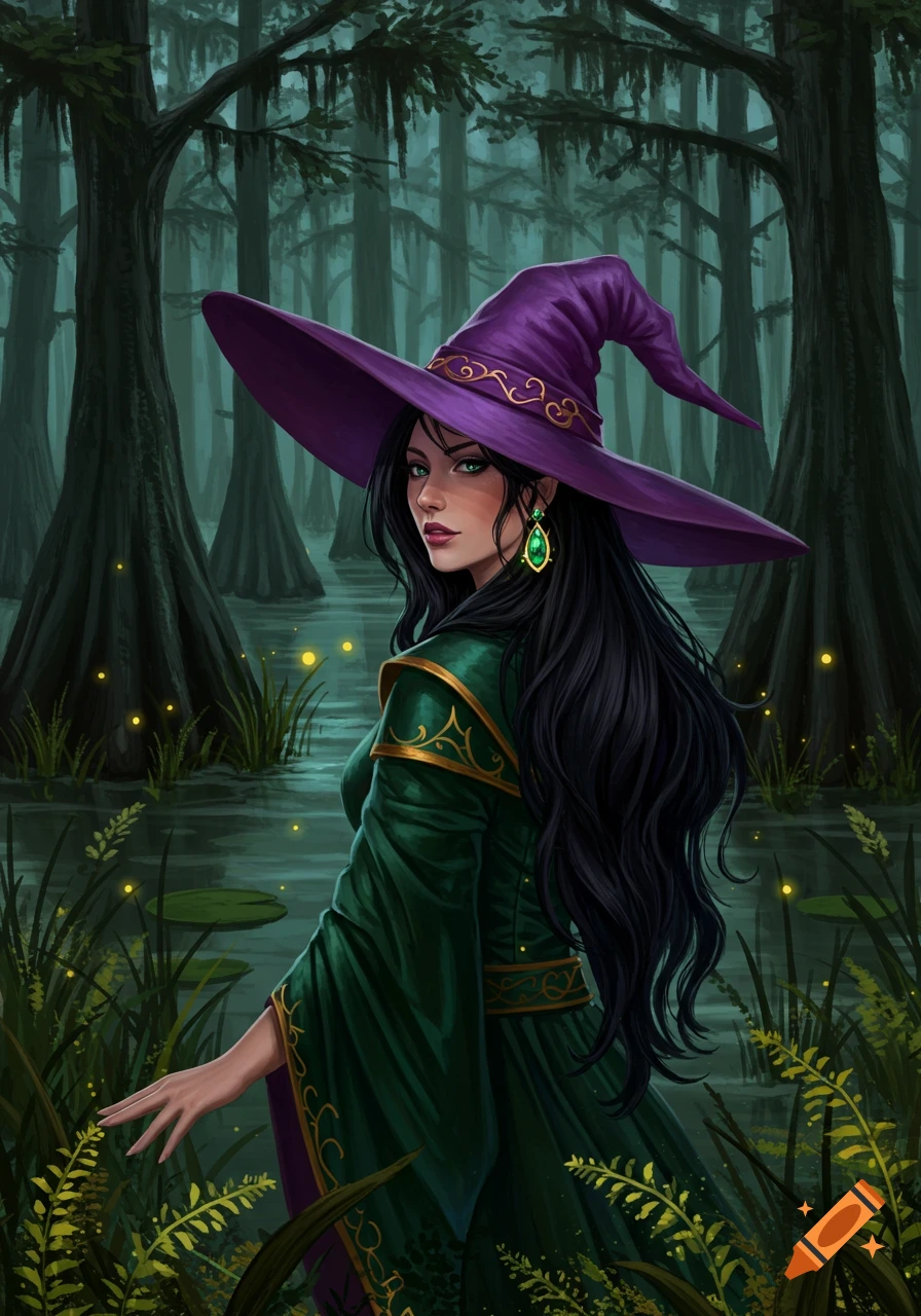 A woman in a purple witch hat and green dress stands in a swamp.