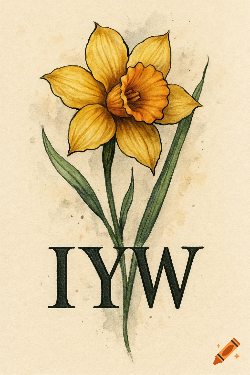 Watercolor drawing of a daffodil with the letters IYW below it.