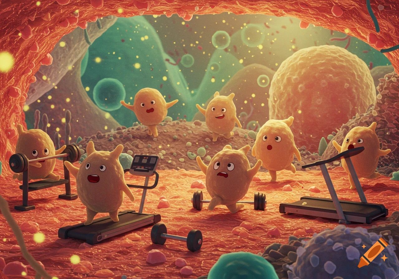 Cartoon cells work out in a microscopic gym setting.