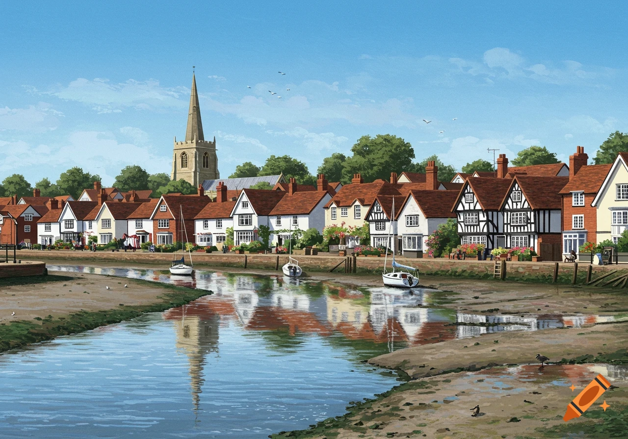 An illustration of a river flowing past a picturesque town with houses, boats, and a church spire reflected in the water.