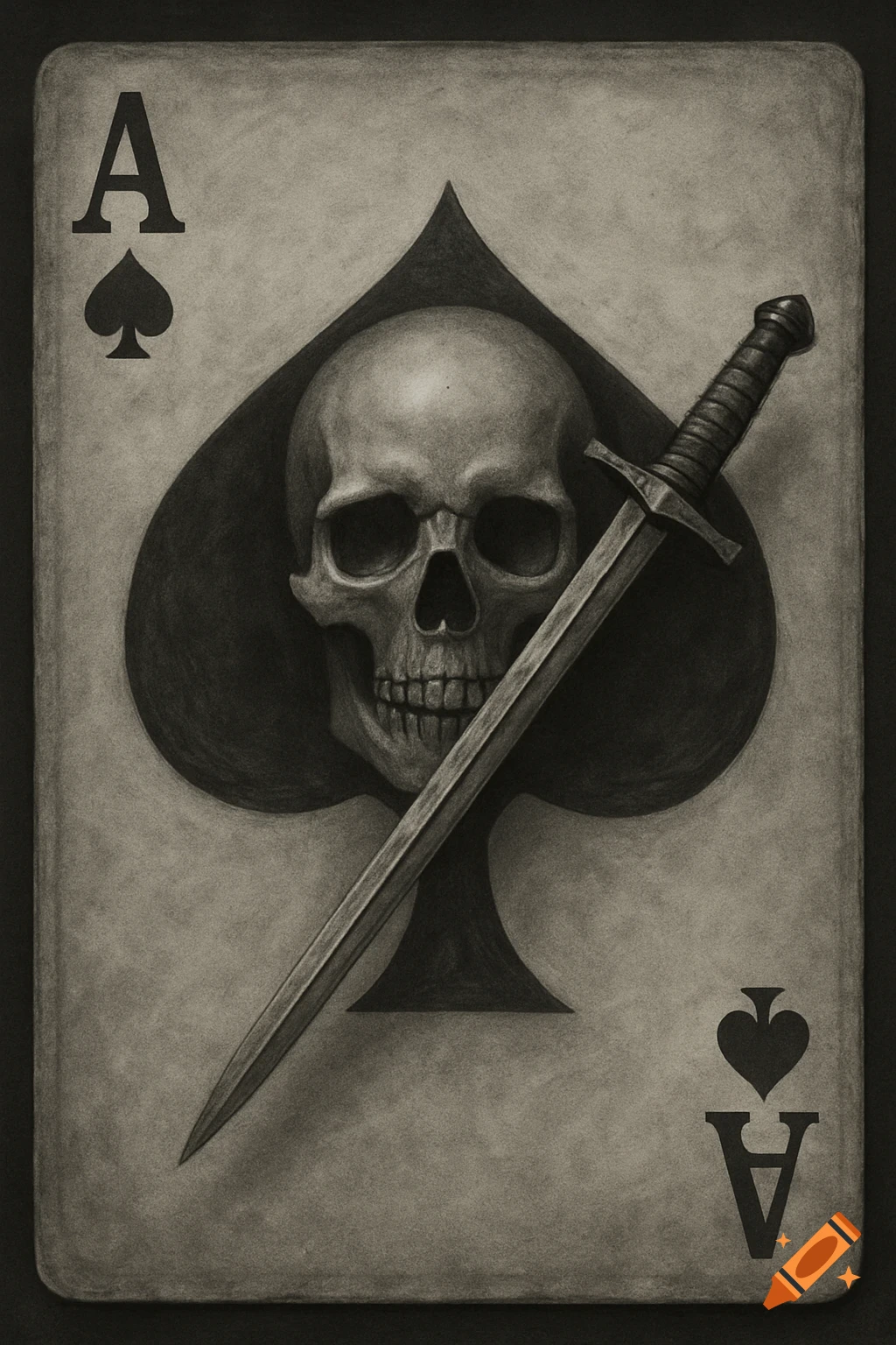 Monochrome drawing of an Ace of Spades card with a skull inside the spade symbol and a sword across it.