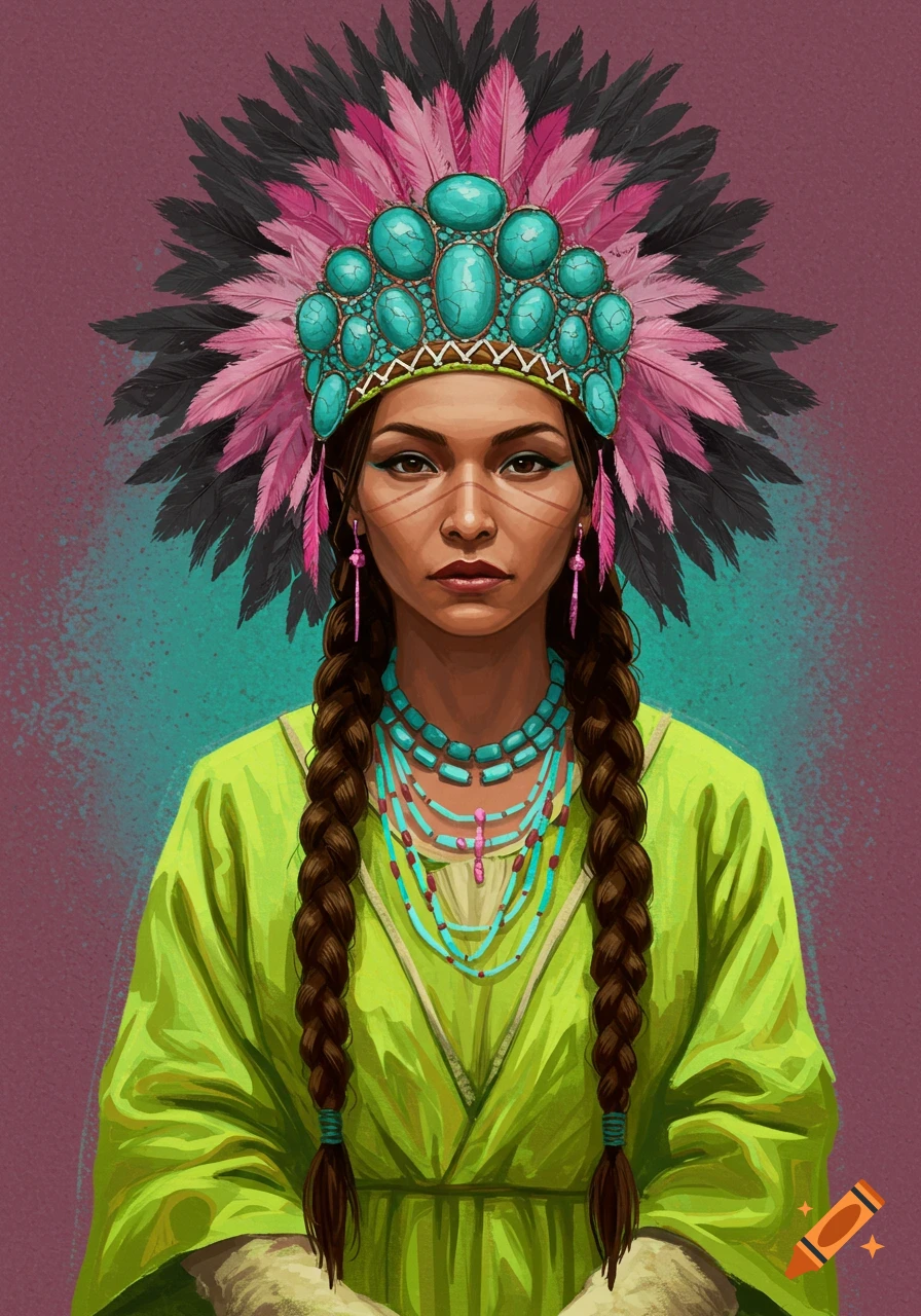 Portrait of a woman with a large turquoise and pink feathered headdress, long braids, and lime green dress.