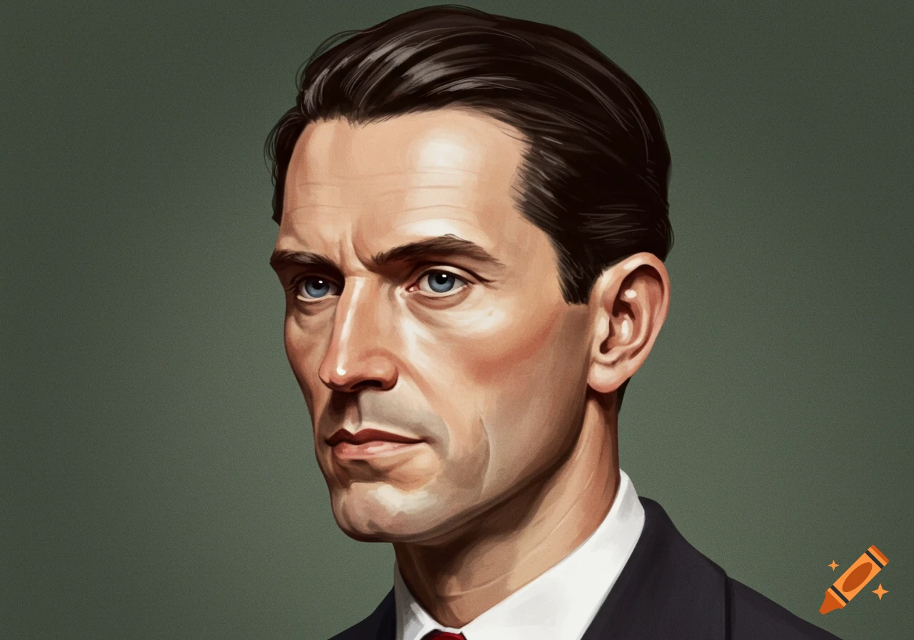 Close-up drawing of a man's face in a suit against a green background