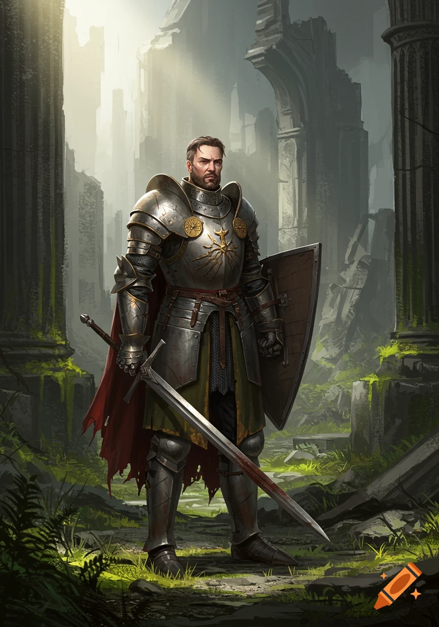 A knight in detailed plate armor stands in overgrown ancient ruins, holding a large sword and shield.