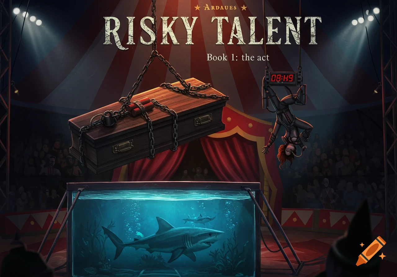 Circus scene with acrobat hanging upside down over shark tank and coffin by chains. Detailed illustration.