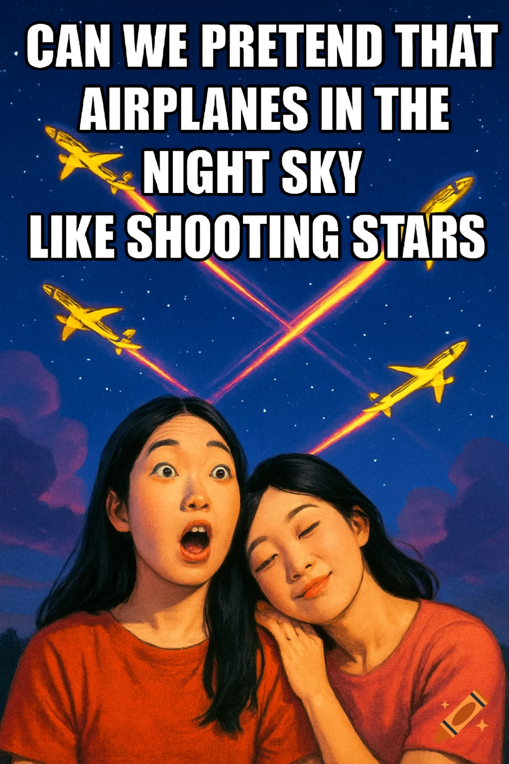 Two women look up at airplanes in a starry night sky with text overlay.