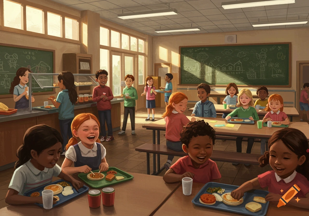 Children eating lunch in a school cafeteria