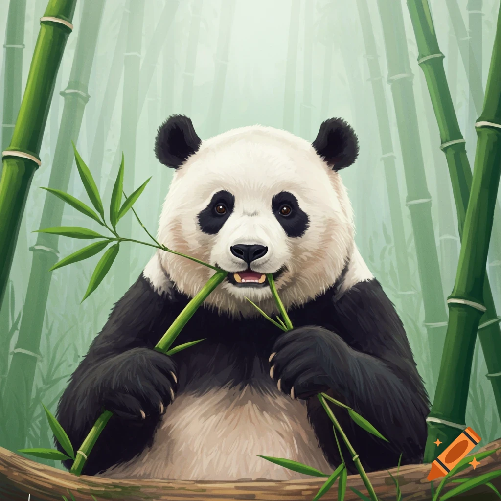 An illustration of a panda sitting in a bamboo forest, eating bamboo.