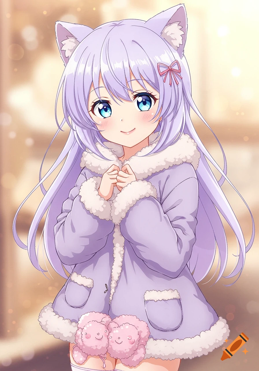 An anime girl with light purple hair, cat ears, and blue eyes wears a purple fluffy coat.