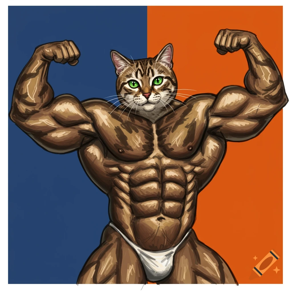 A muscular cat flexing its biceps