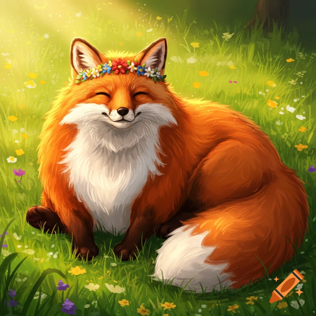 A fluffy orange and white fox wearing a flower crown sits in a sunny field of grass and flowers, digital painting.