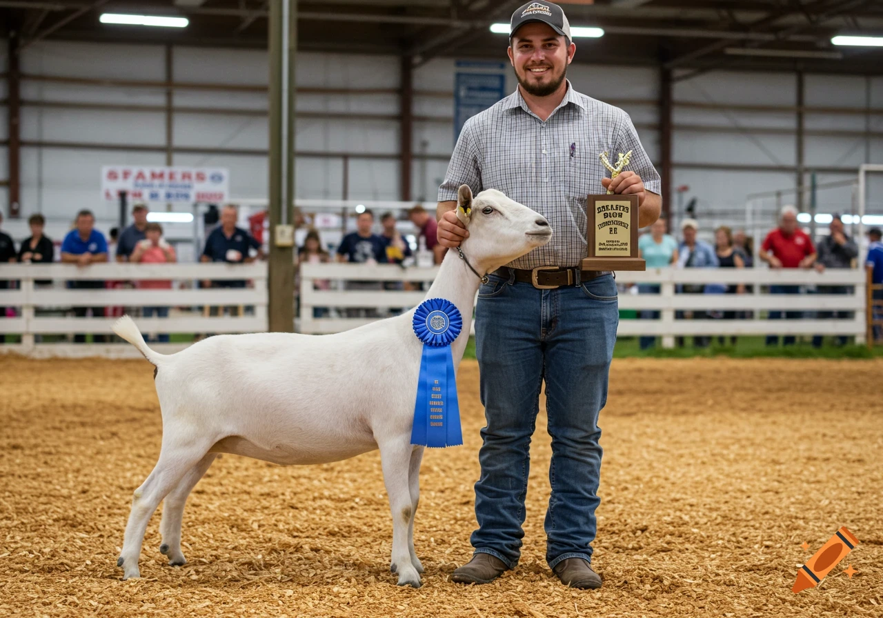 A man poses with a goat and a grand champion trophy and blue ribbon at a fair.