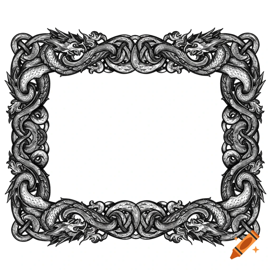 Black and white illustration of a frame with dragons and Celtic knot patterns intertwined.