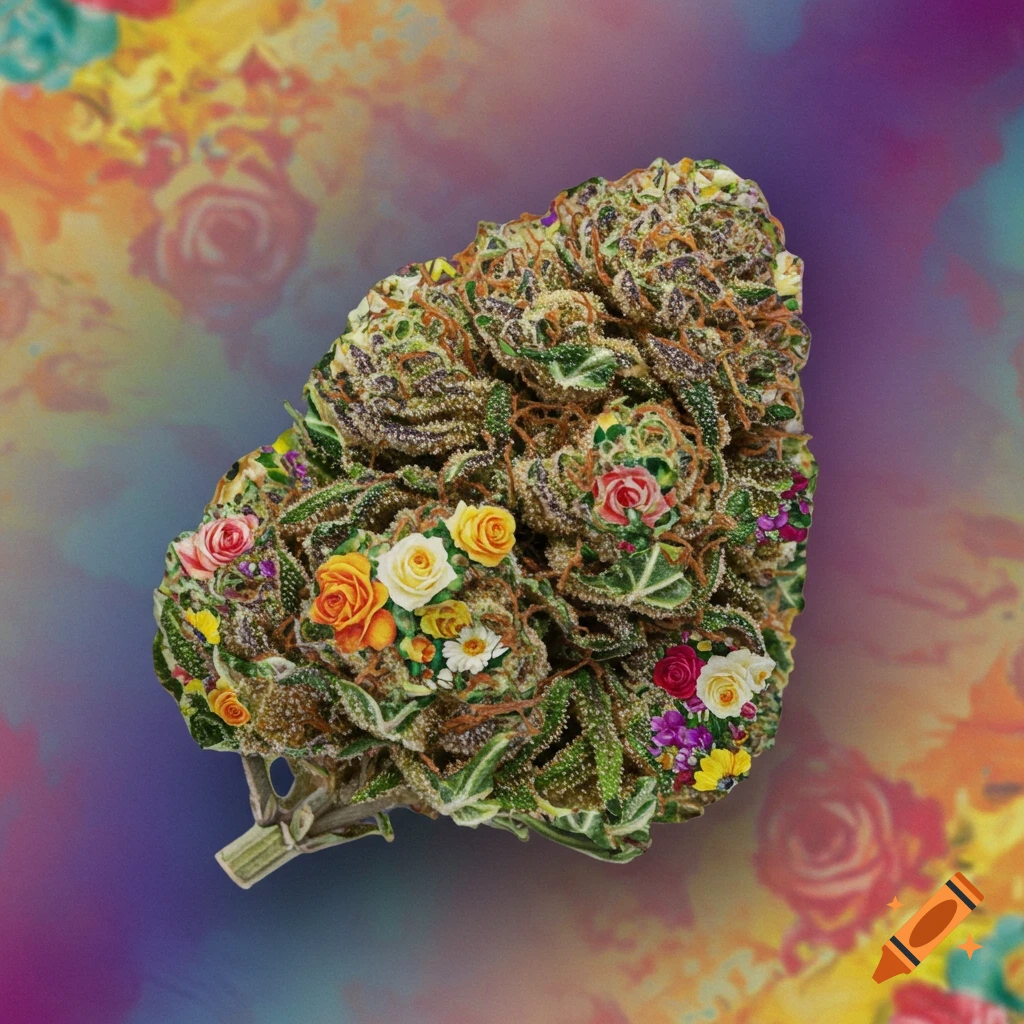 A marijuana bud covered in colorful flowers against a blurred floral background.
