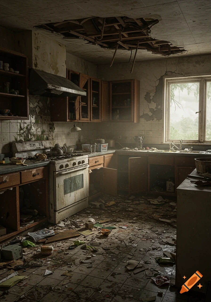 Ultra realistic photo of a destroyed kitchen in a post-apocalyptic scene