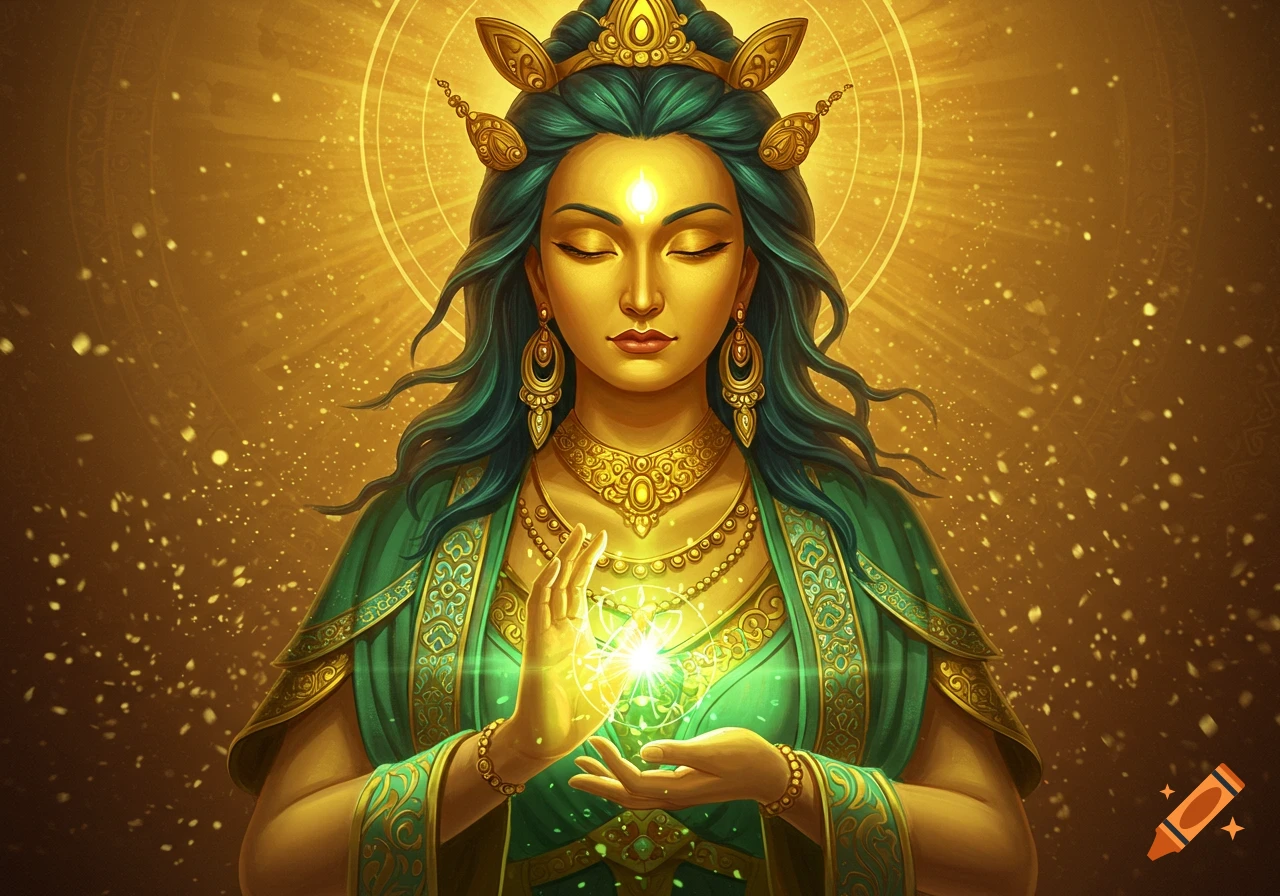 A glowing golden figure resembling Tara in a green gown, radiating light from her hands in a golden, ethereal setting.