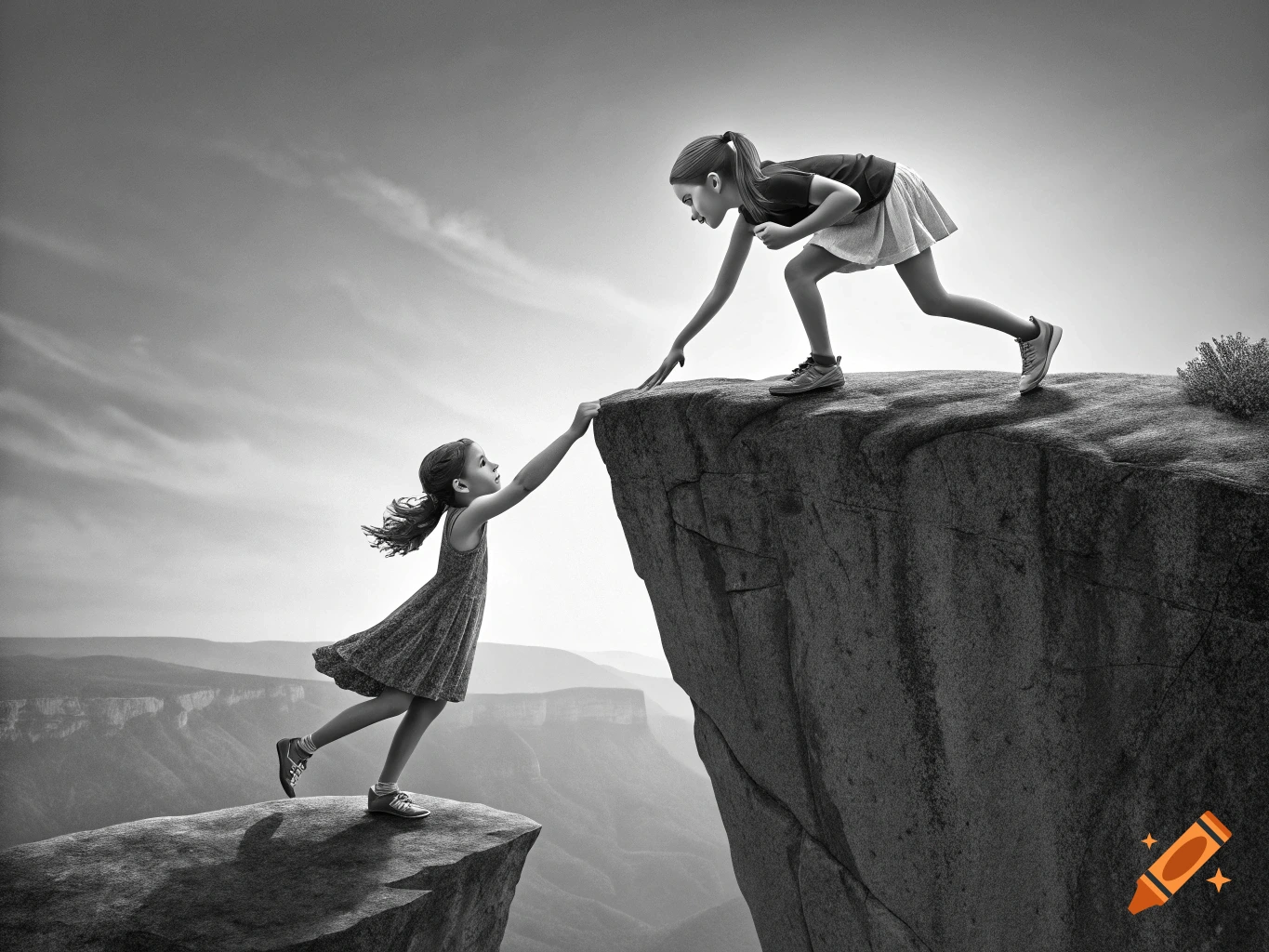 Black and white photo of one girl reaching down from a cliff edge to help another girl reaching up.