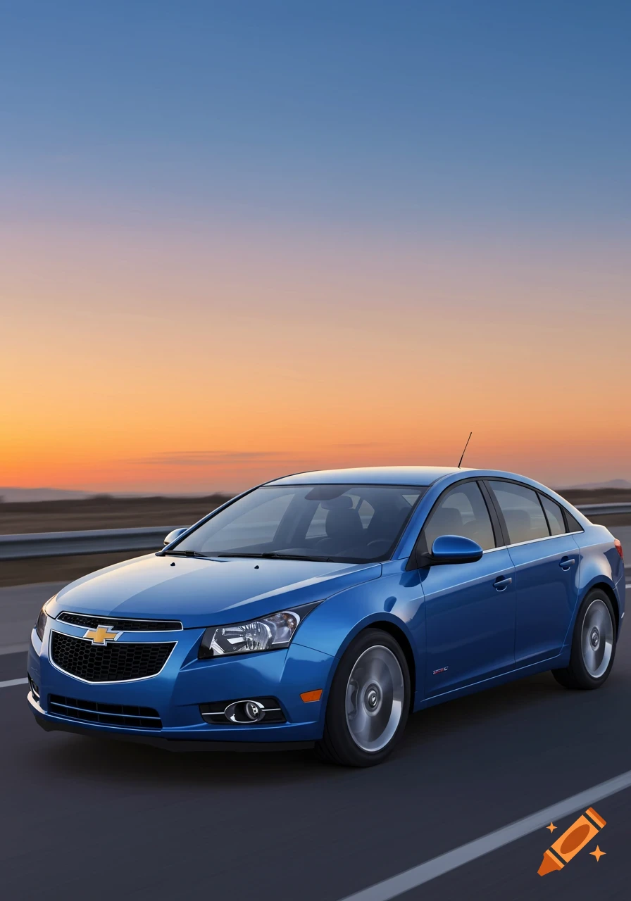 A blue Chevrolet Cruze drives on a road at sunset.