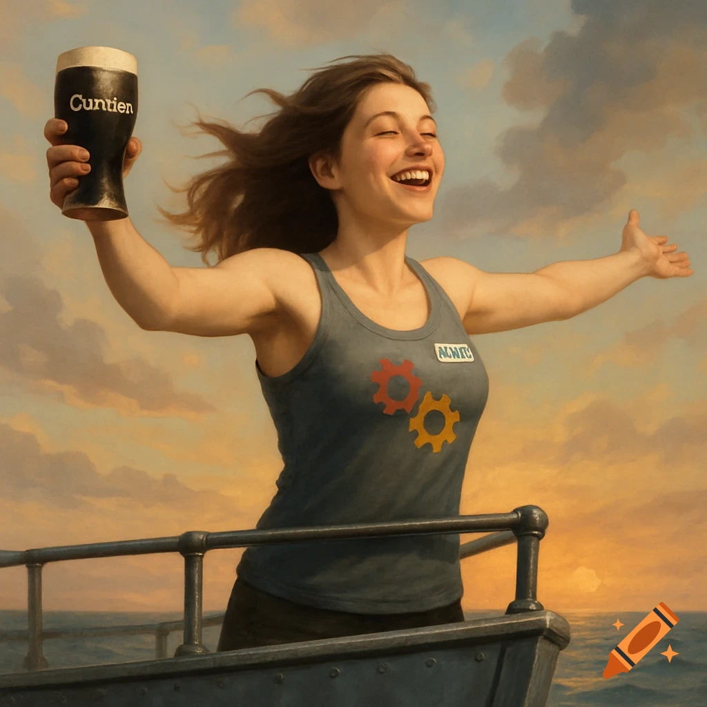 Smiling woman on a boat holds up a dark drink, arms outstretched, wind in her hair, at sunset.