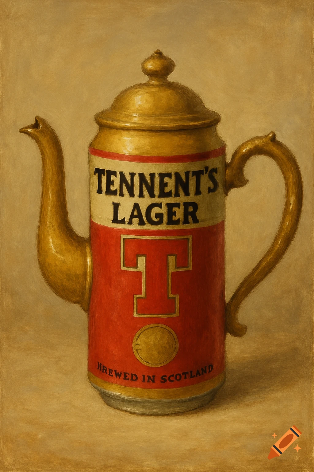 Painting of a teapot designed to look like a Tennent's Lager can.