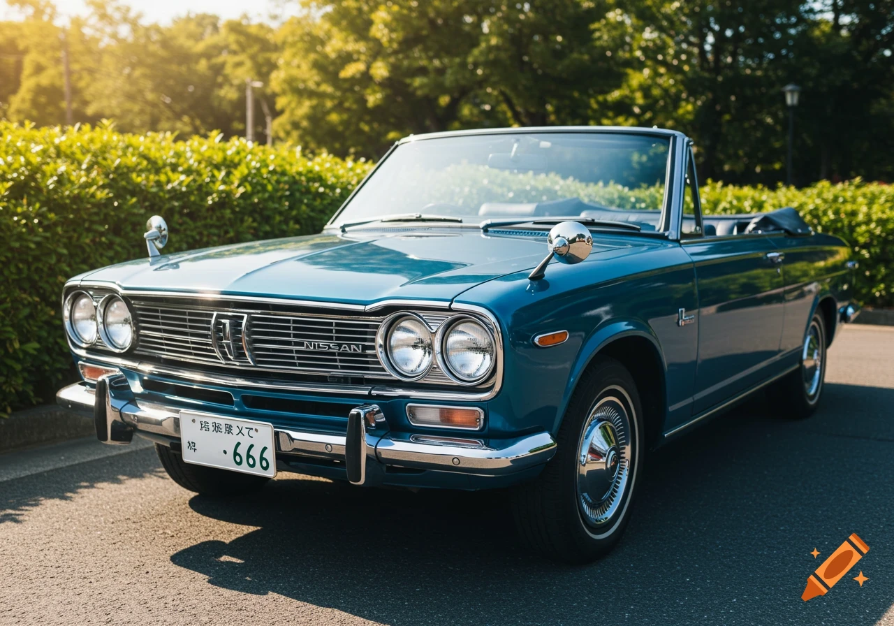 Teal vintage Nissan convertible parked outdoors