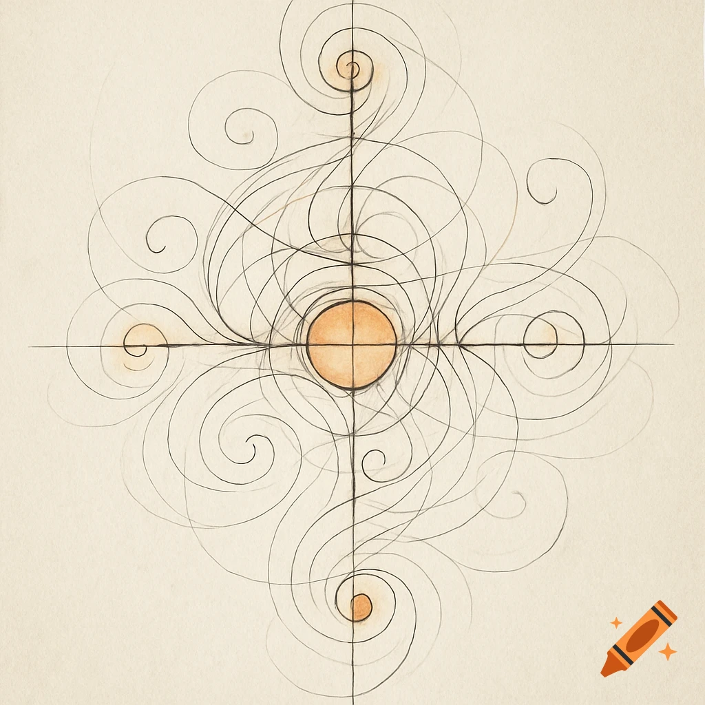 Abstract sacred geometry drawing with black lines, spirals, and orange circles on a light background.