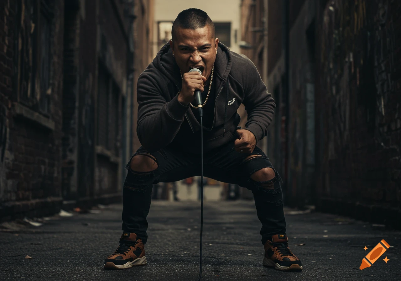 A man in a hoodie and ripped jeans kneels while rapping into a microphone in an alleyway.