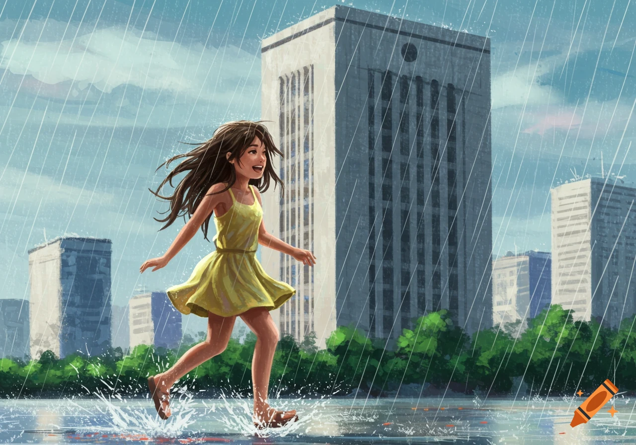 An illustration of a young girl in a yellow dress running and splashing through puddles in the rain with city buildings in the background.