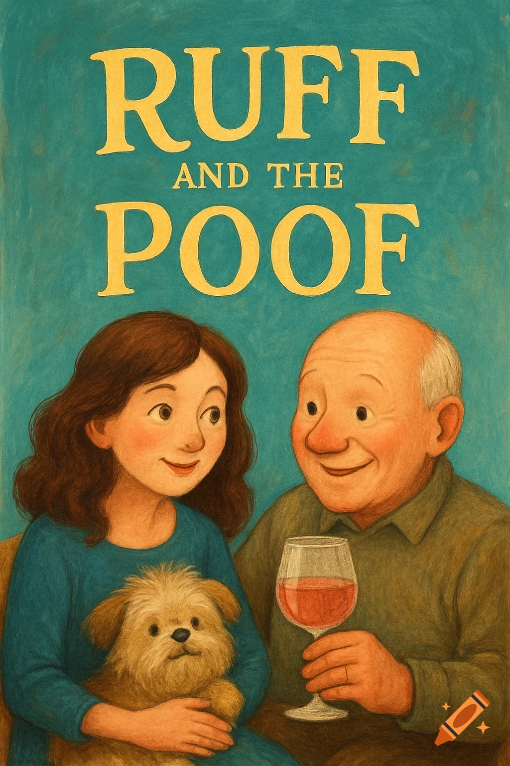 Illustration for a children's book titled 'Ruff and the Poof', showing a girl holding a dog and a man holding a glass.