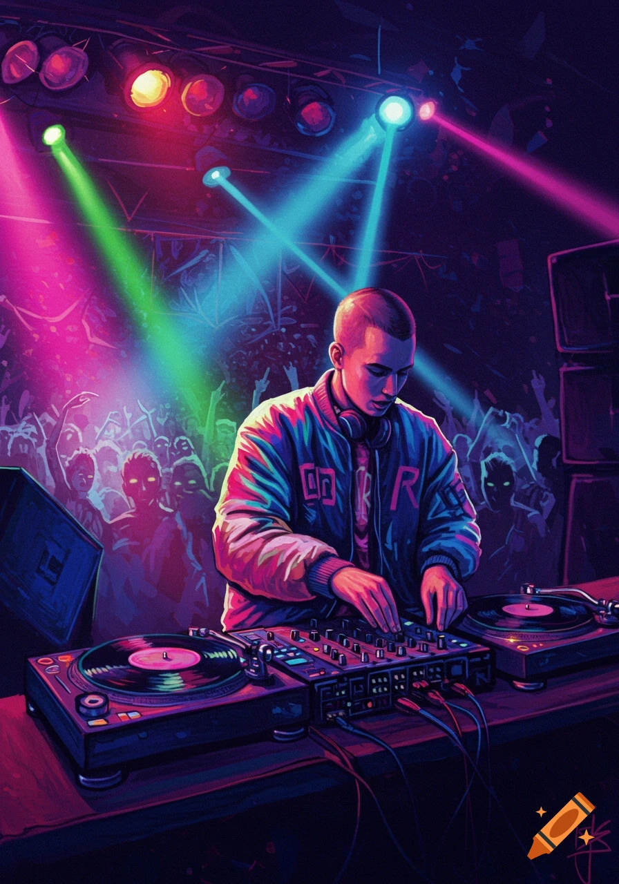 A DJ plays turntables at a vibrant rave club with a crowd and bright lights.