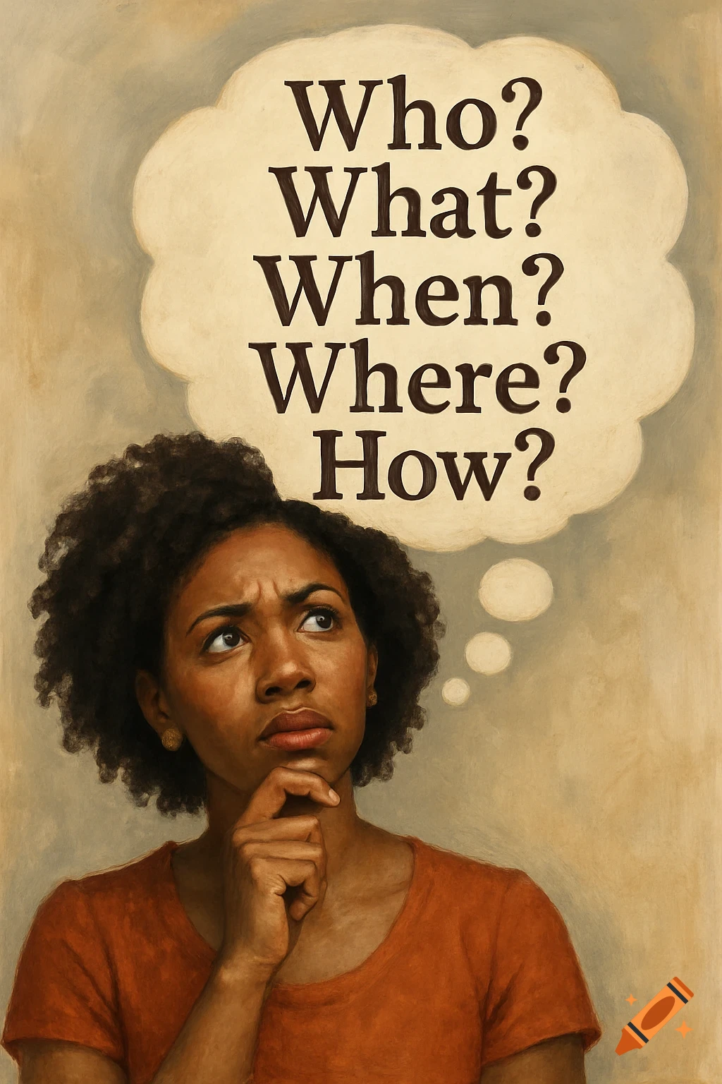 An illustration of a woman with a pensive expression, hand on chin, looking up at a thought bubble containing the words "Who? What? When? Where? How?"