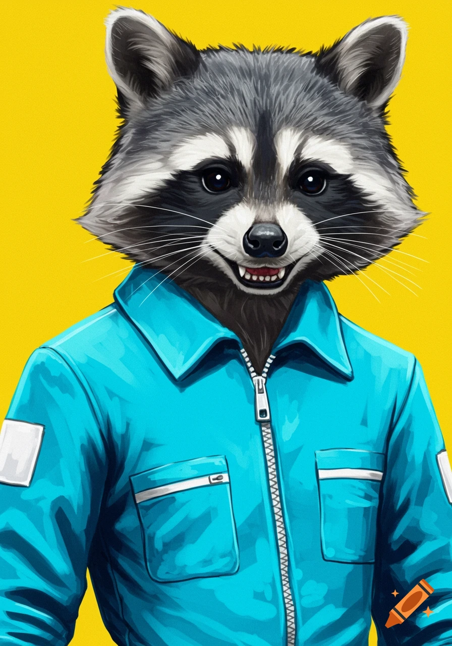 Illustration of a raccoon wearing a blue jumpsuit against a yellow background.