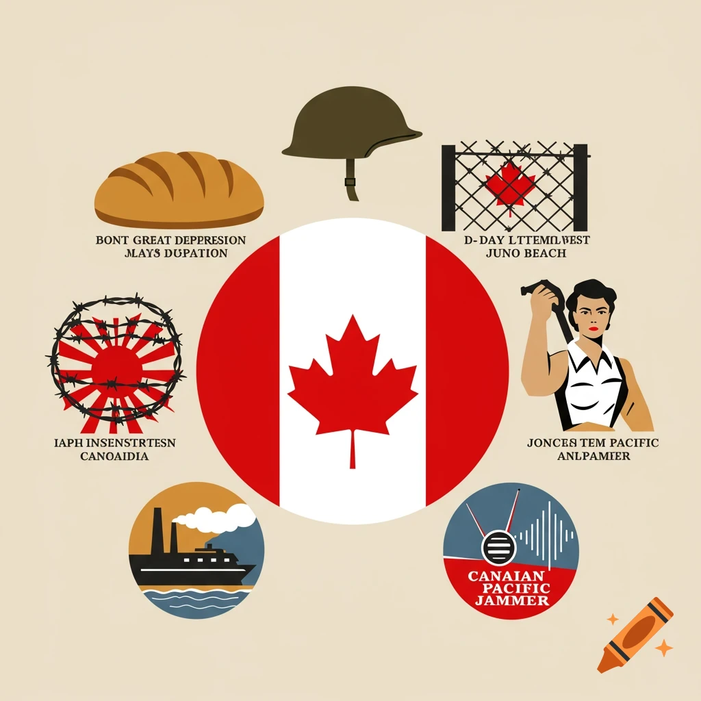Digital illustration of the Canadian flag surrounded by symbols representing Canadian history: bread, helmet, barbed wire, a strong woman, and radio waves.