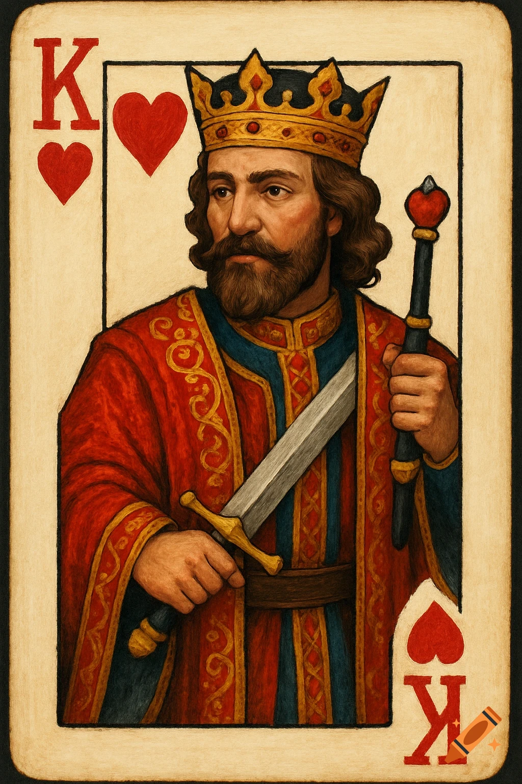 Illustration of the King of Hearts playing card, showing a robed king with a crown, sword, and scepter.
