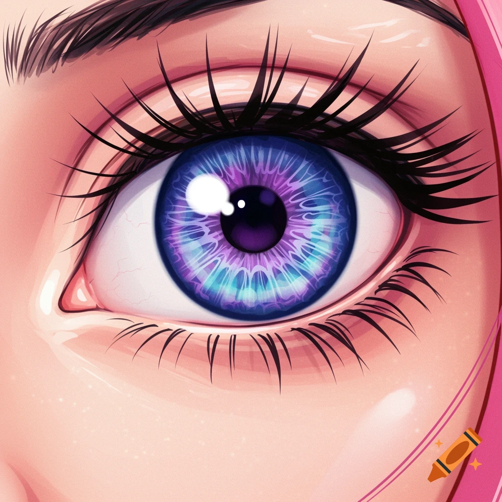A close-up of a large, colorful anime eye with purple and blue tones and long eyelashes.