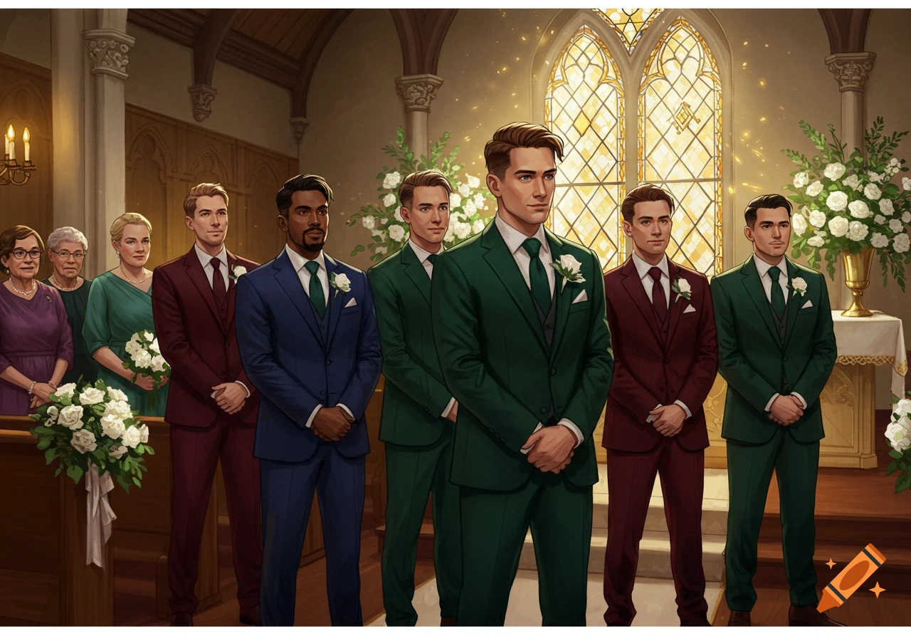 A group of people stand near an altar in a church, featuring men in suits and women in dresses.