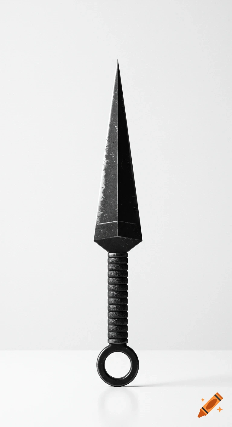 A black kunai knife stands upright on a white surface against a white background.